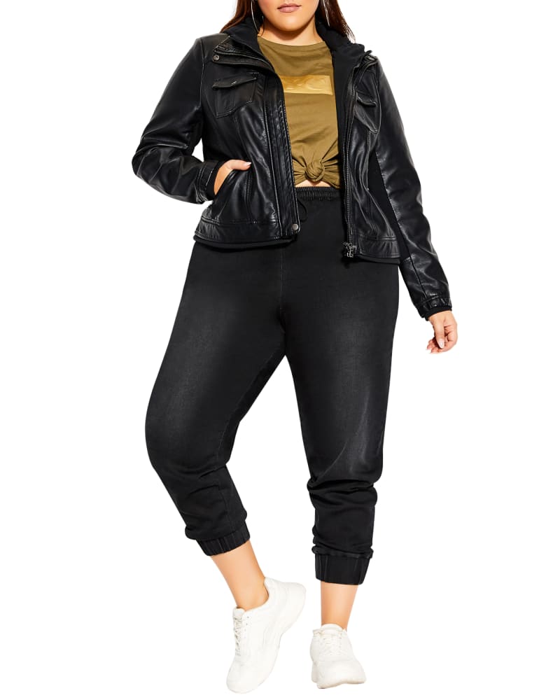 Front of a model wearing a size XL JKT PU HOODIE in Black by CCX. | dia_product_style_image_id:310479